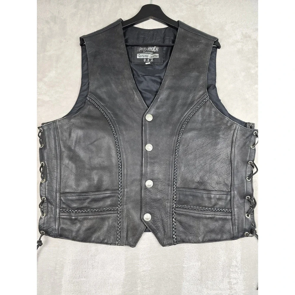 Pro-Rider Premium Leather Biker Vest Mens 50 Black Buffalo Buttons Side Lace Up